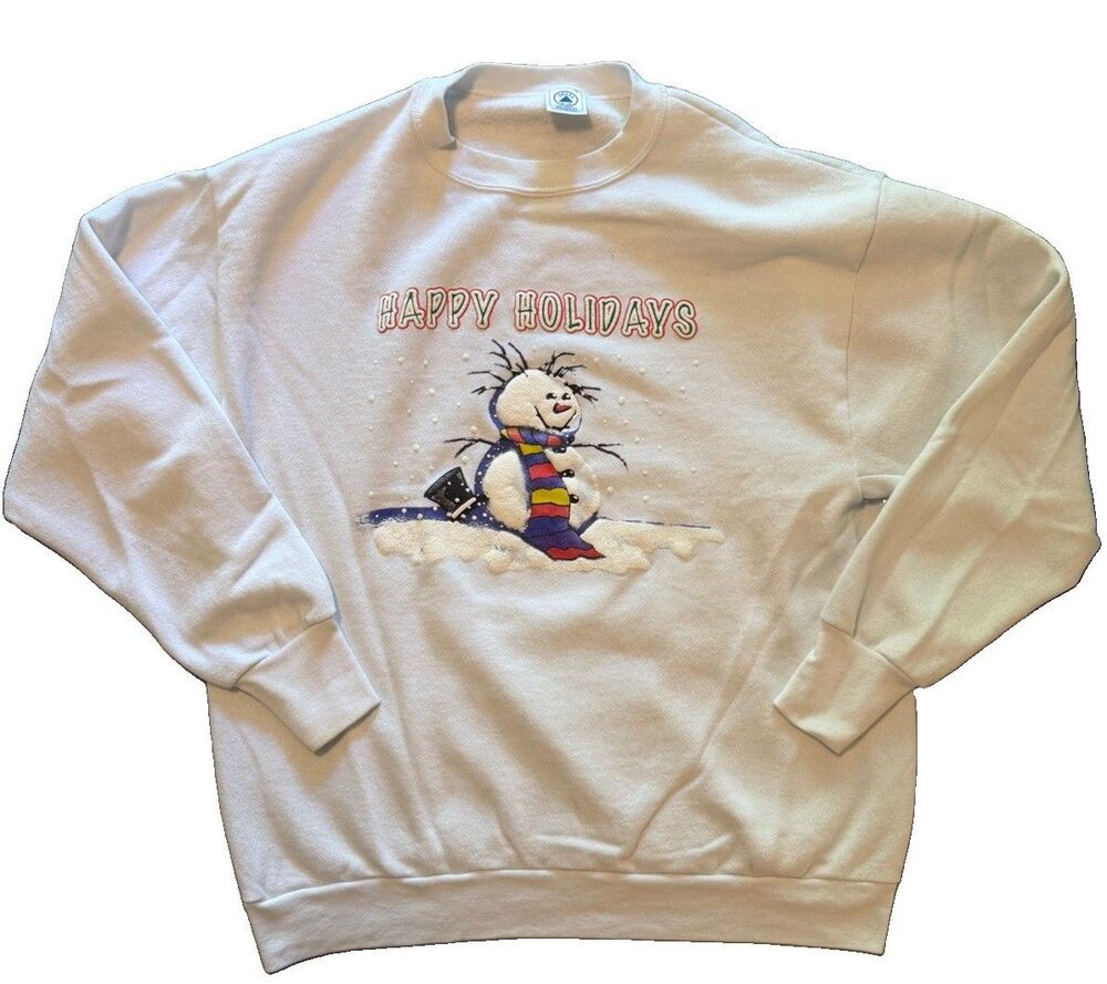 Vintage 90s Delta Happy Holidays Snowman Sweatshirt Adult L White Puff Print USA